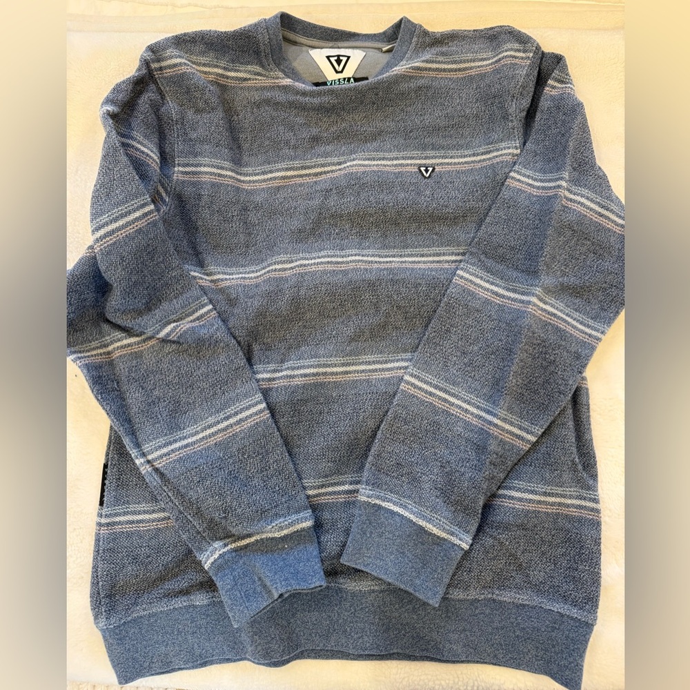 VISSLA Blue and Gray Striped Crewneck Sweater